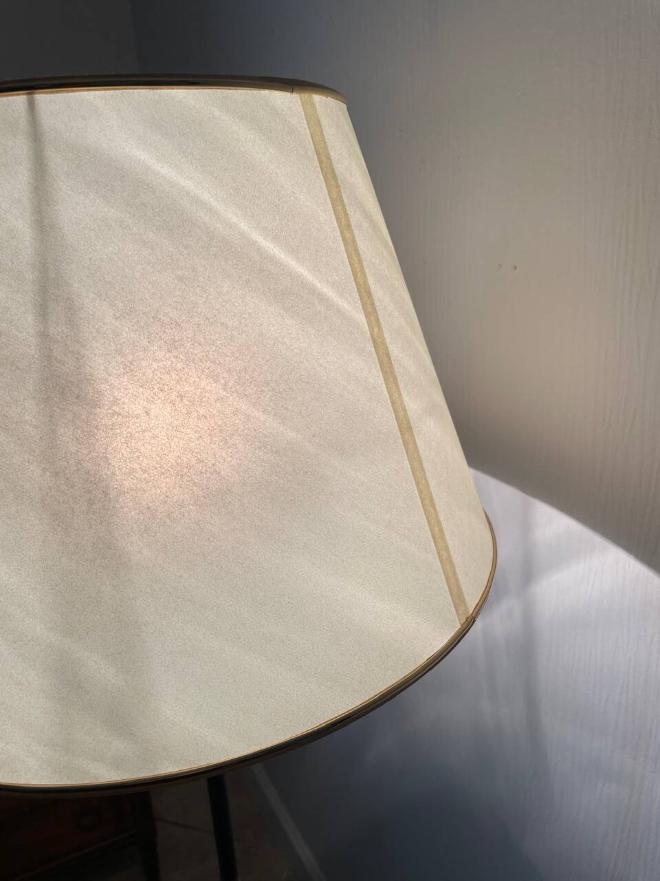 Vintage floor lamp, brass decorations, tripod legs circa 1960's