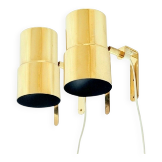 Pair Of Mid Century Scandinavian Brass Wall Lights By H.A. Jakobsson, 1960s