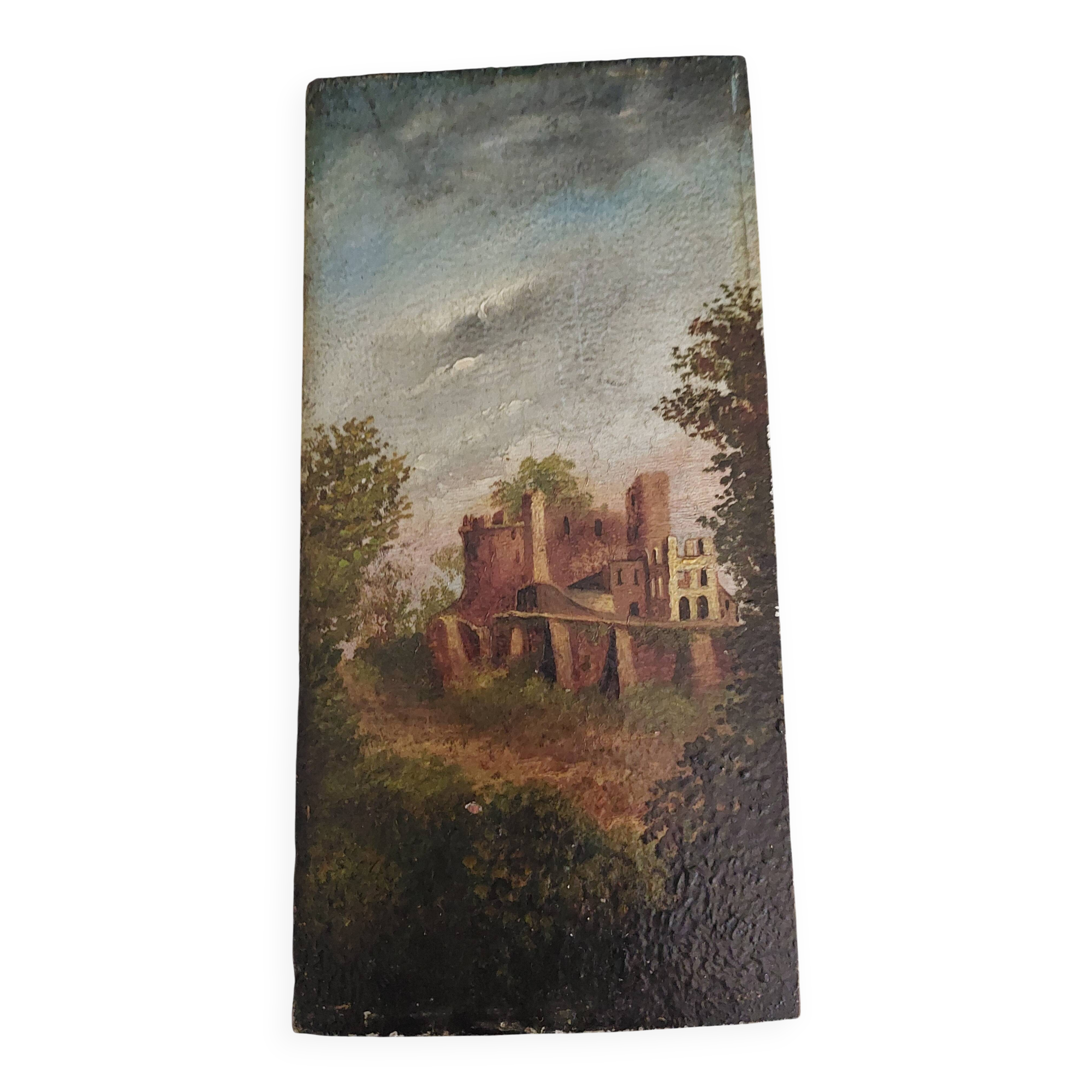 Oil painting on panel romantic landscape ruins late 19th century