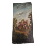 Oil painting on panel romantic landscape ruins late 19th century