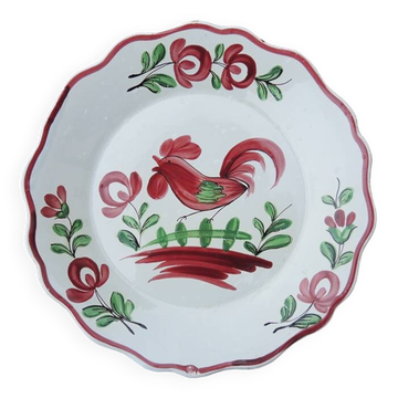 Antique Hand Painted Earthenware Flat Plate - Red Rooster