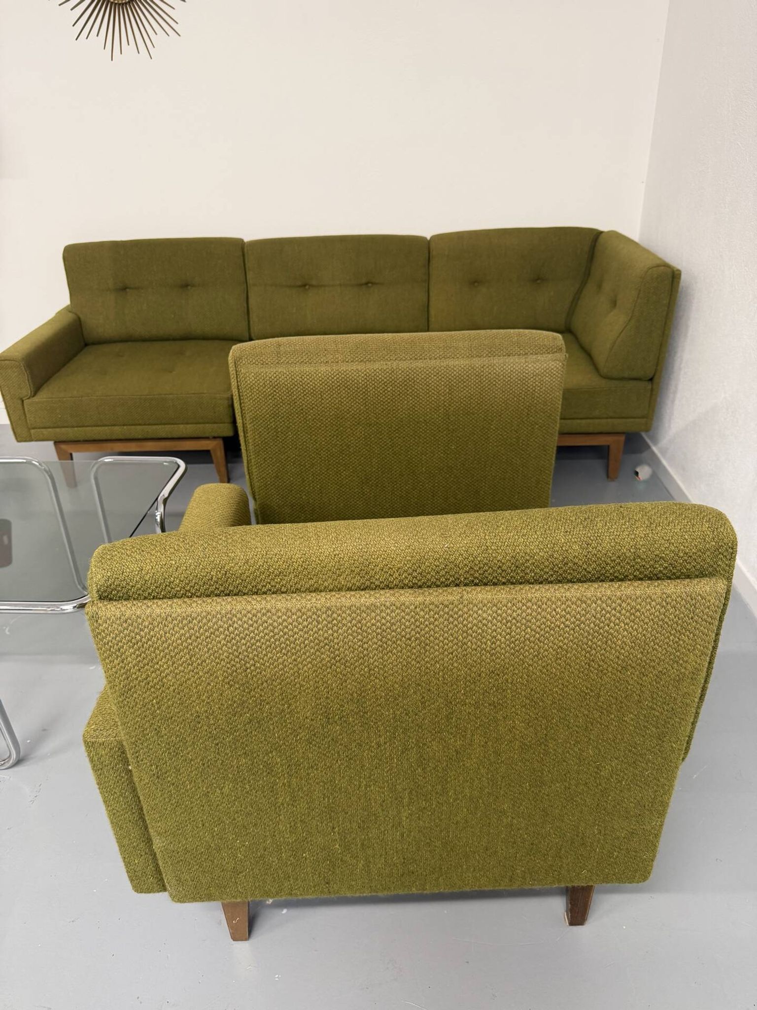 Vintage modular Scandinavian design green fabric corner sofa 1960s