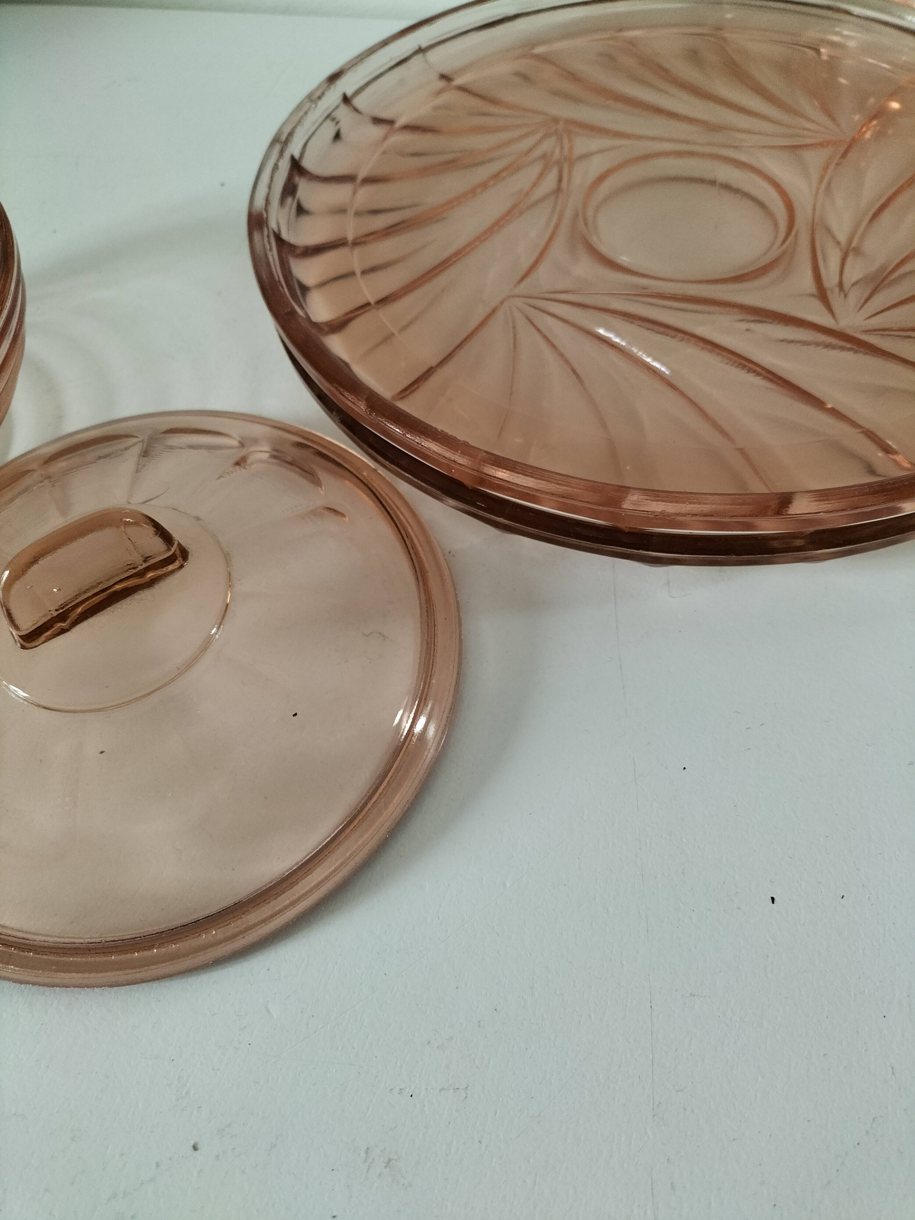 Orange-pink pressed glass trio