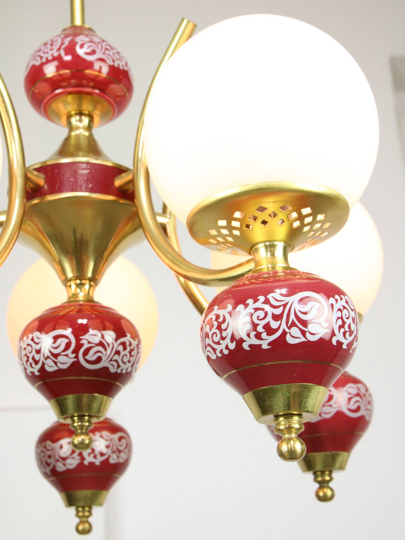 Mid-Century Italian Brass, Opaline & Ceramic Chandelier