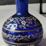 Vase boule bleu cobalt/Motifs floraux & liseré or en relief peints main