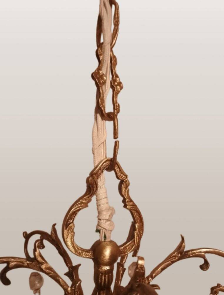 Large Gothic brass chandelier with 6 lights, 1940s.