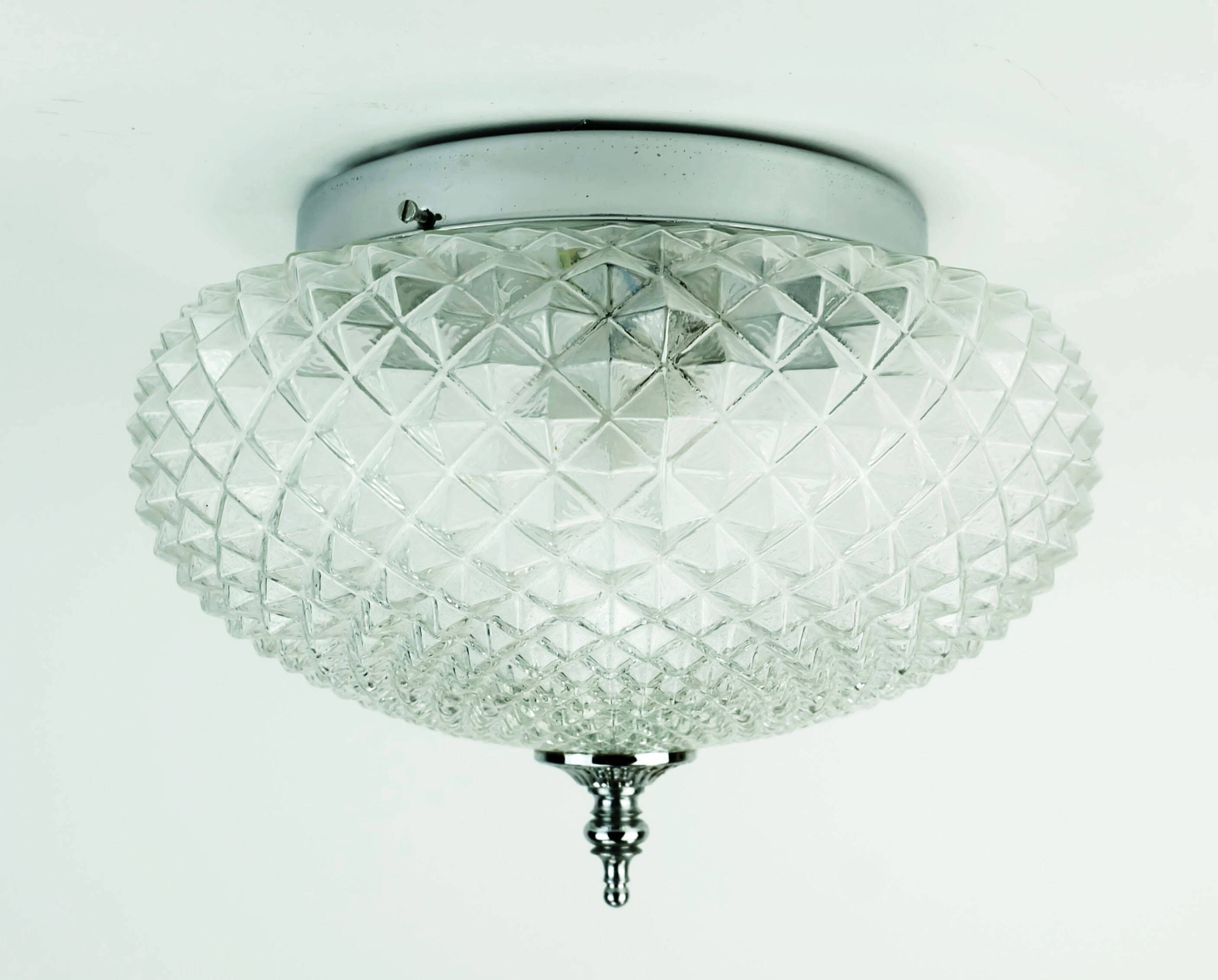Vintage glass ceiling lamp textured glass and chrome 1970s