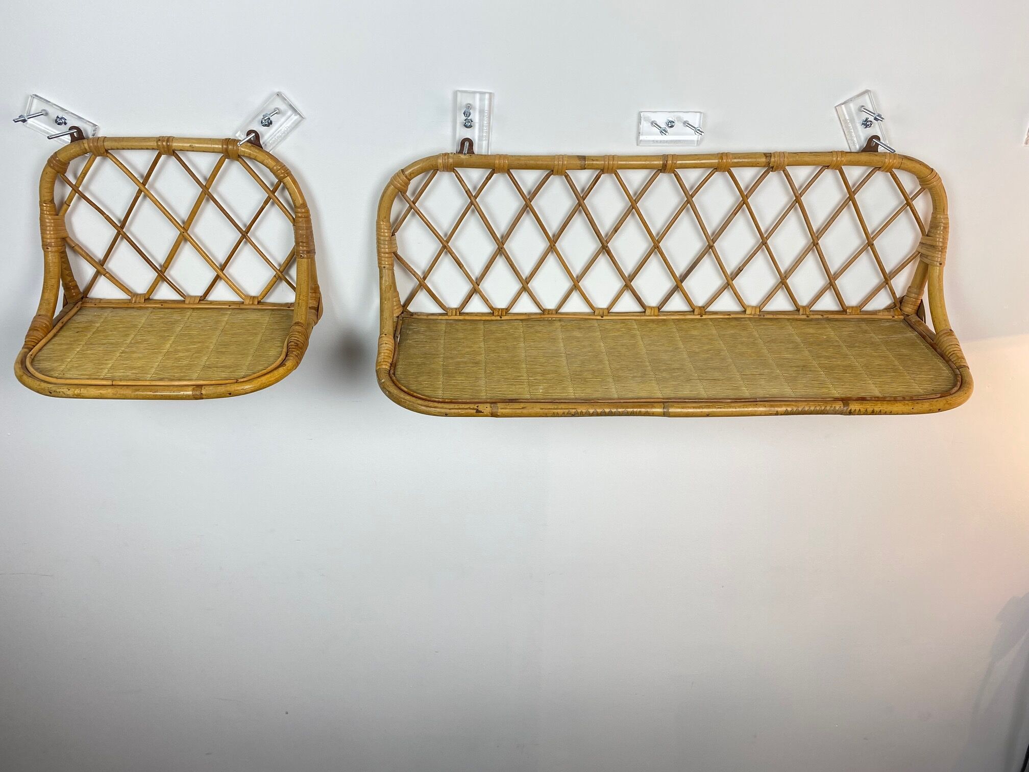 Pair of vintage rattan wall shelves 70s