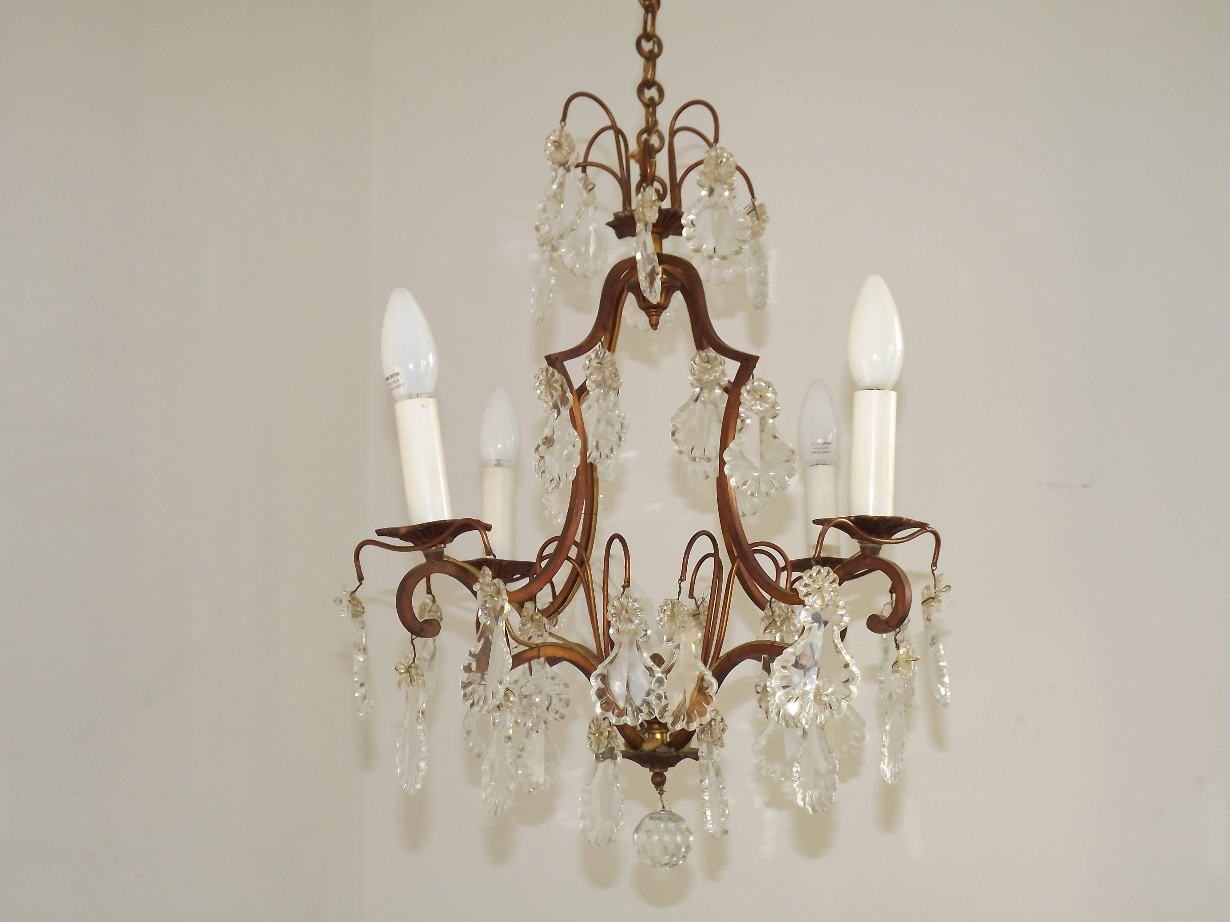 1940s French Vintage Bronze Glass and Crystal 4 Light Chandelier 4679