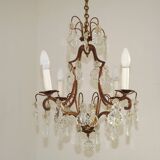 1940s French Vintage Bronze Glass and Crystal 4 Light Chandelier 4679
