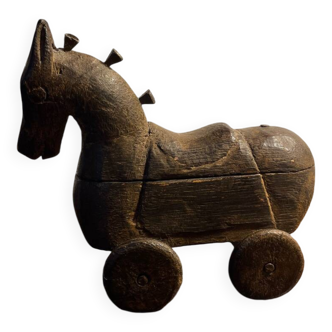 Folk Art Carved Wooden Horse on Wheels