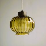 Vintage glass pendant in smoky green crystal with crystal cylinder  - design Carl Fagerlund Sweden