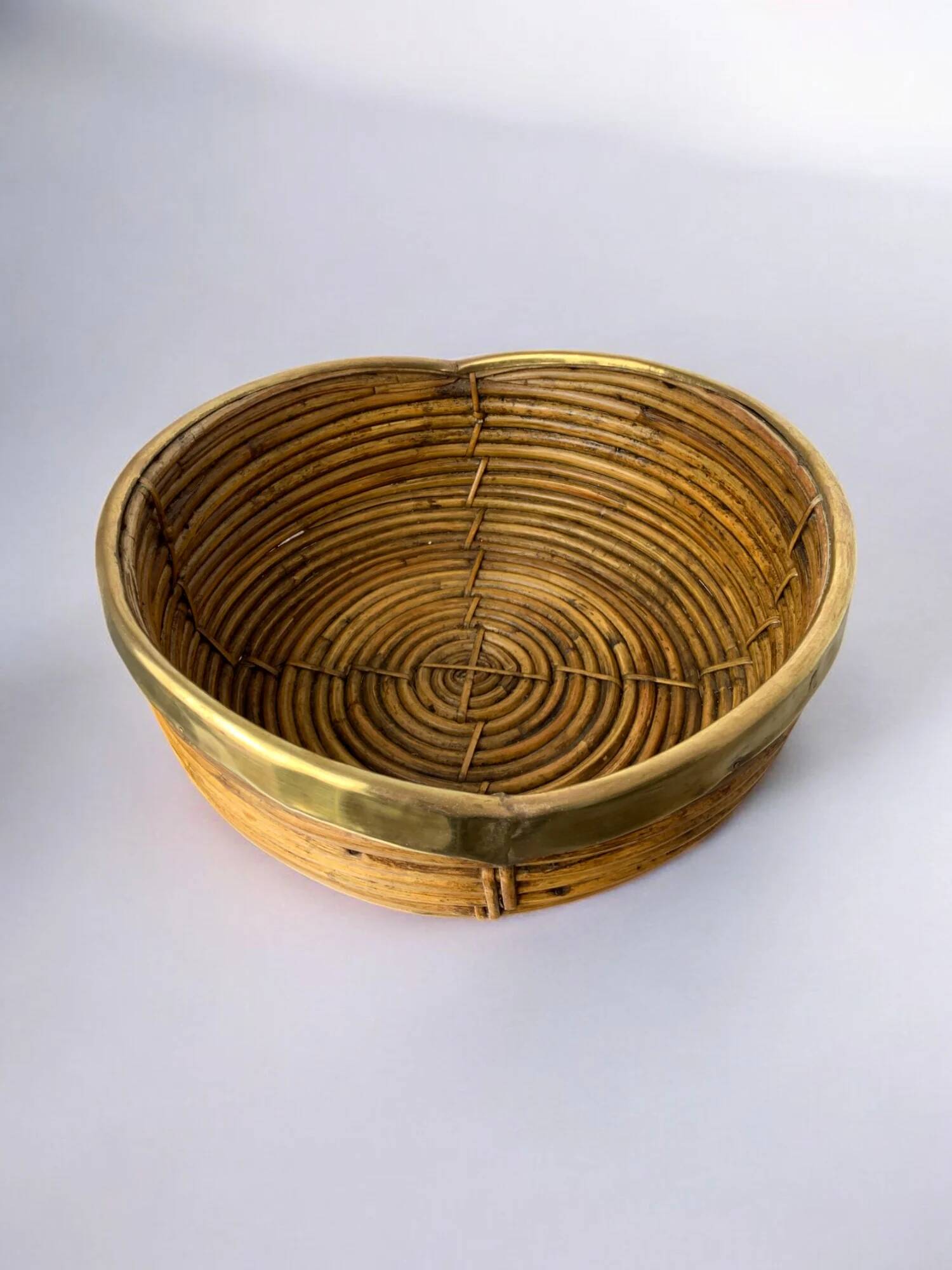 Circular rattan and brass basket, Italy, circa 1970s