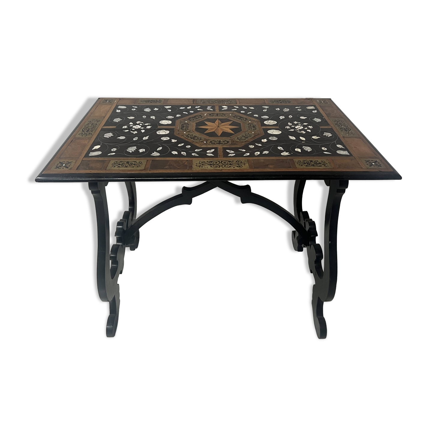 Blackened wood display table with marquetry top, Spain, 19th century.