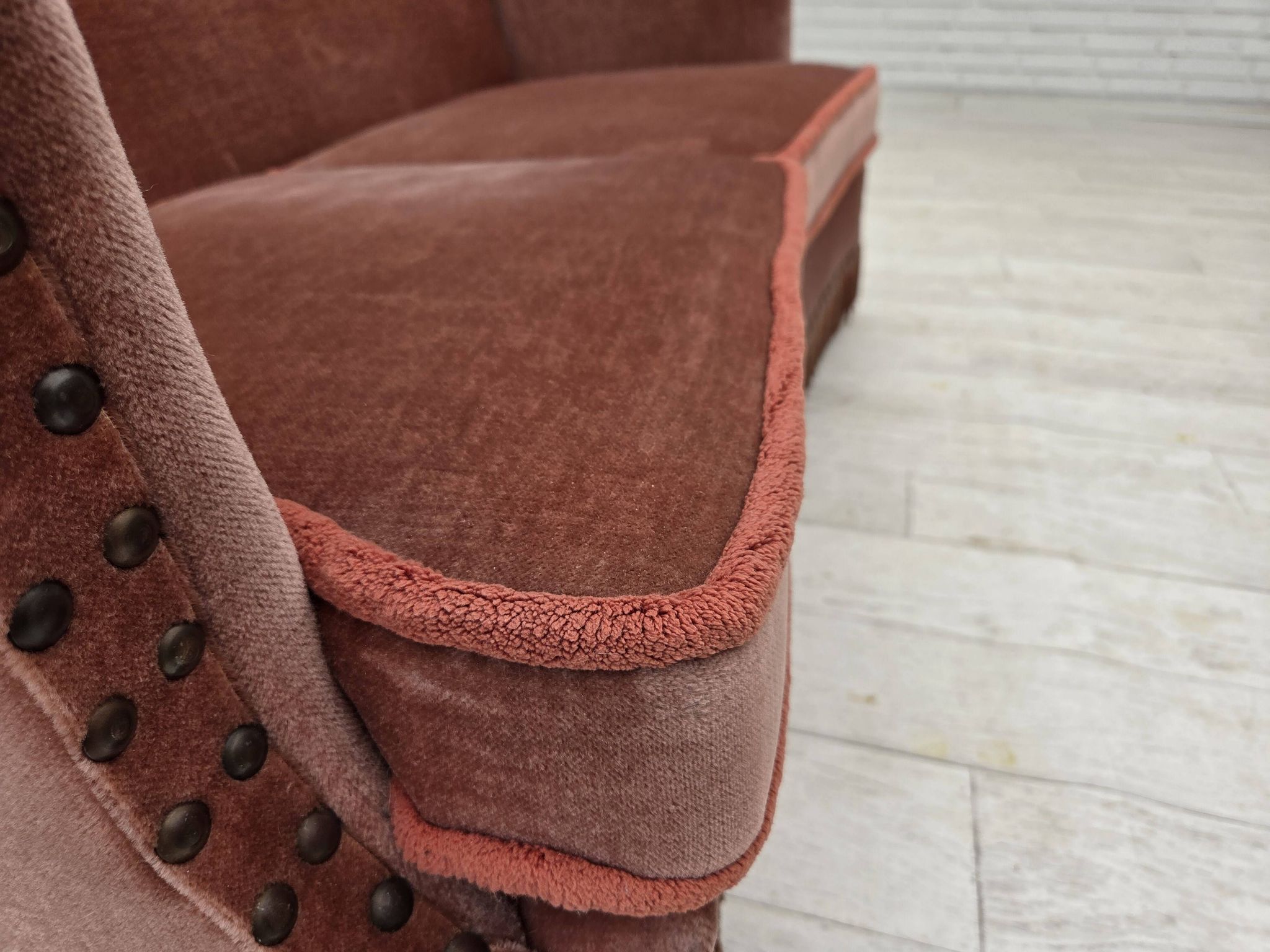 1970s, Danish 2-seater sofa, salmon pink furniture velour, beech wood.