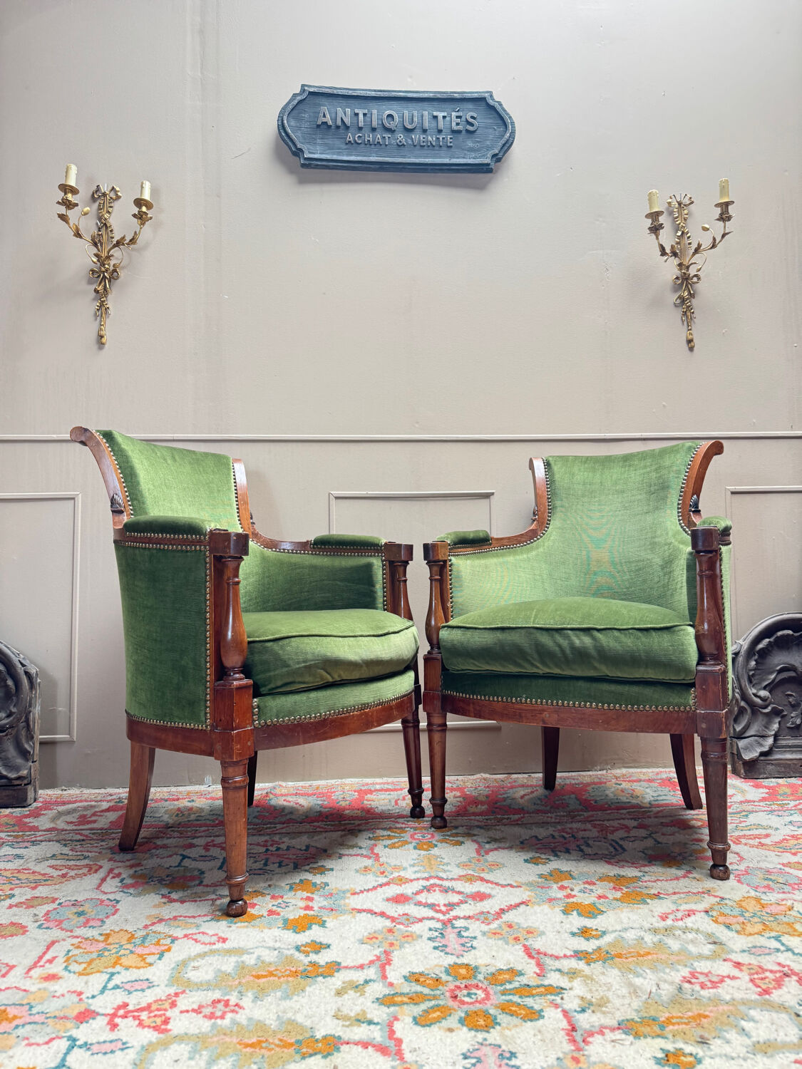 Pair of mahogany cabriolet bergère armchairs from the 18th-century Directoire period.