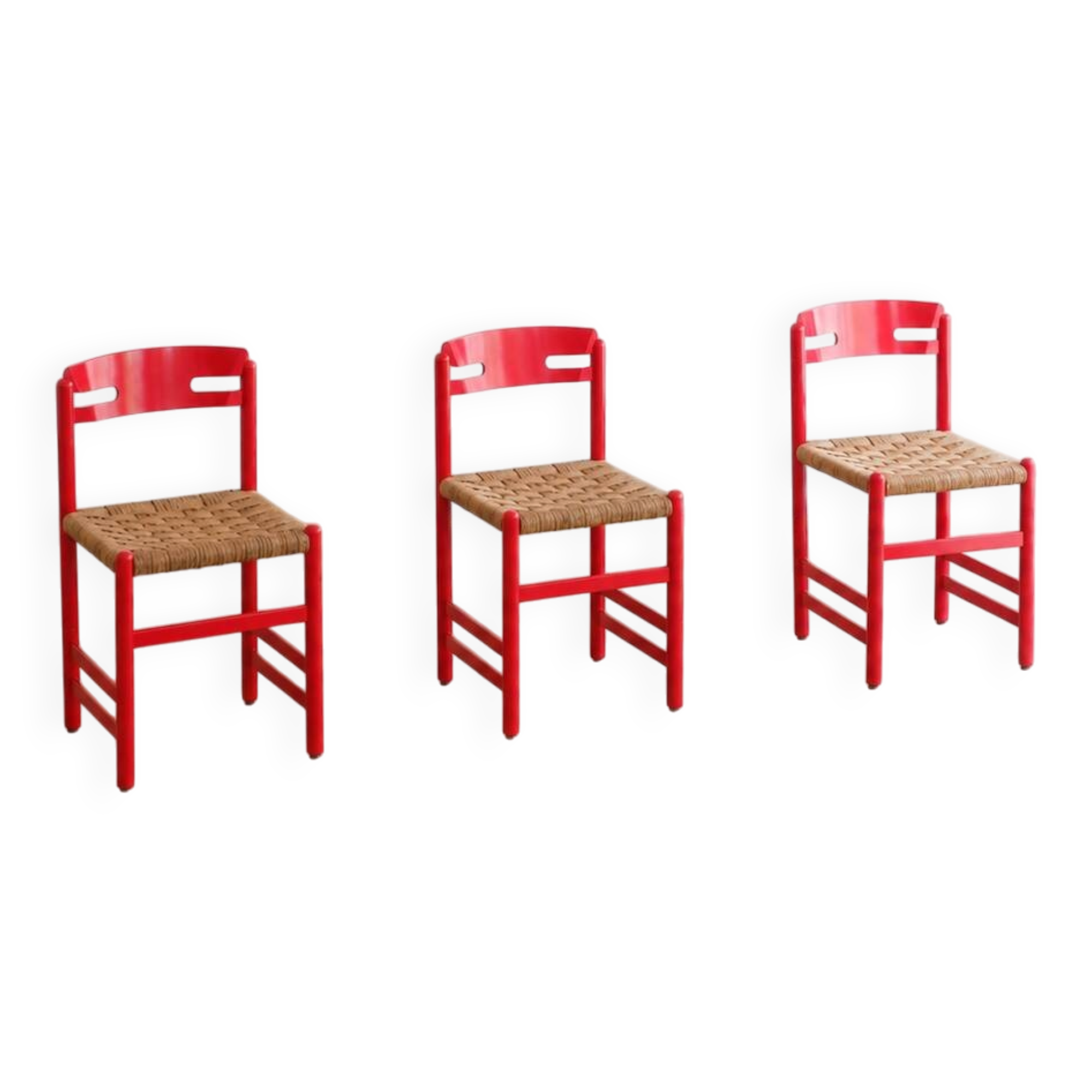 Set of 3 Swedish dining chairs in red with papercord weaving