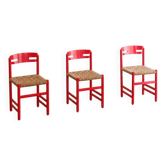 Ensemble de 3 chaises de salle à manger suédoises en rouge avec tissage en corde à papier.