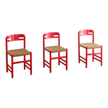 Set of 3 Swedish dining chairs in red with papercord weaving
