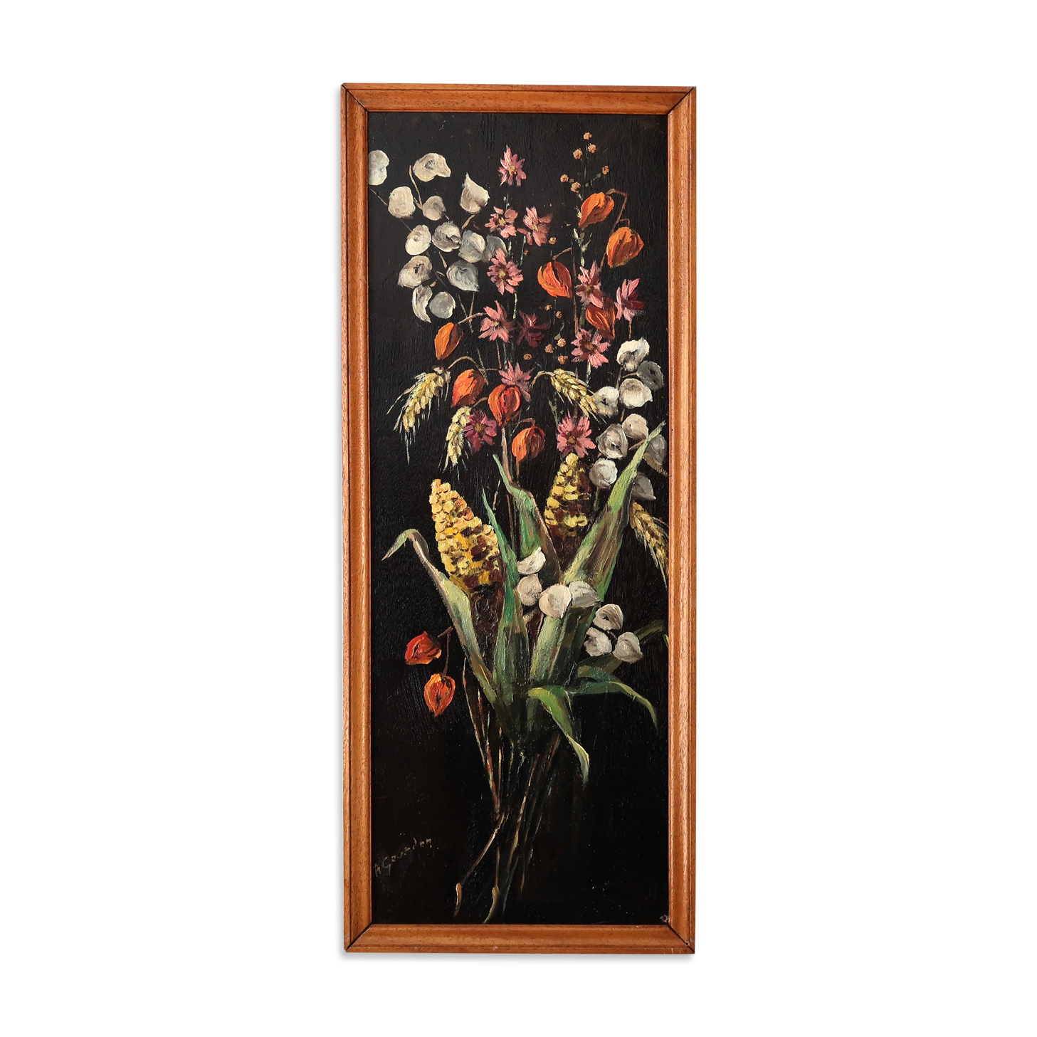 Painting, signed oil painting: flowers on a black background, 50s