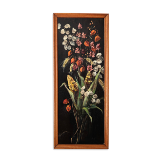 Painting, signed oil painting: flowers on a black background, 50s