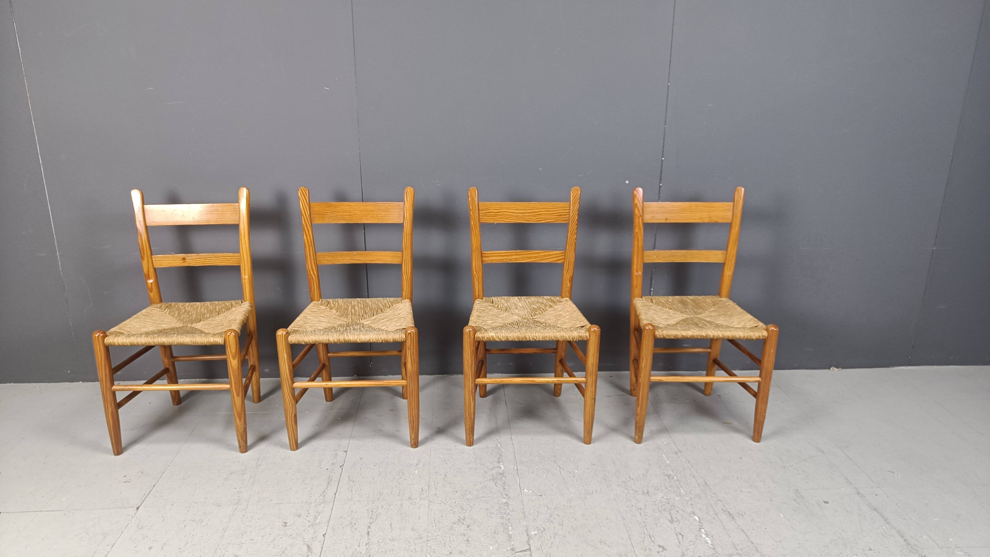 Mid century oak and wicker dining chairs, set of 4