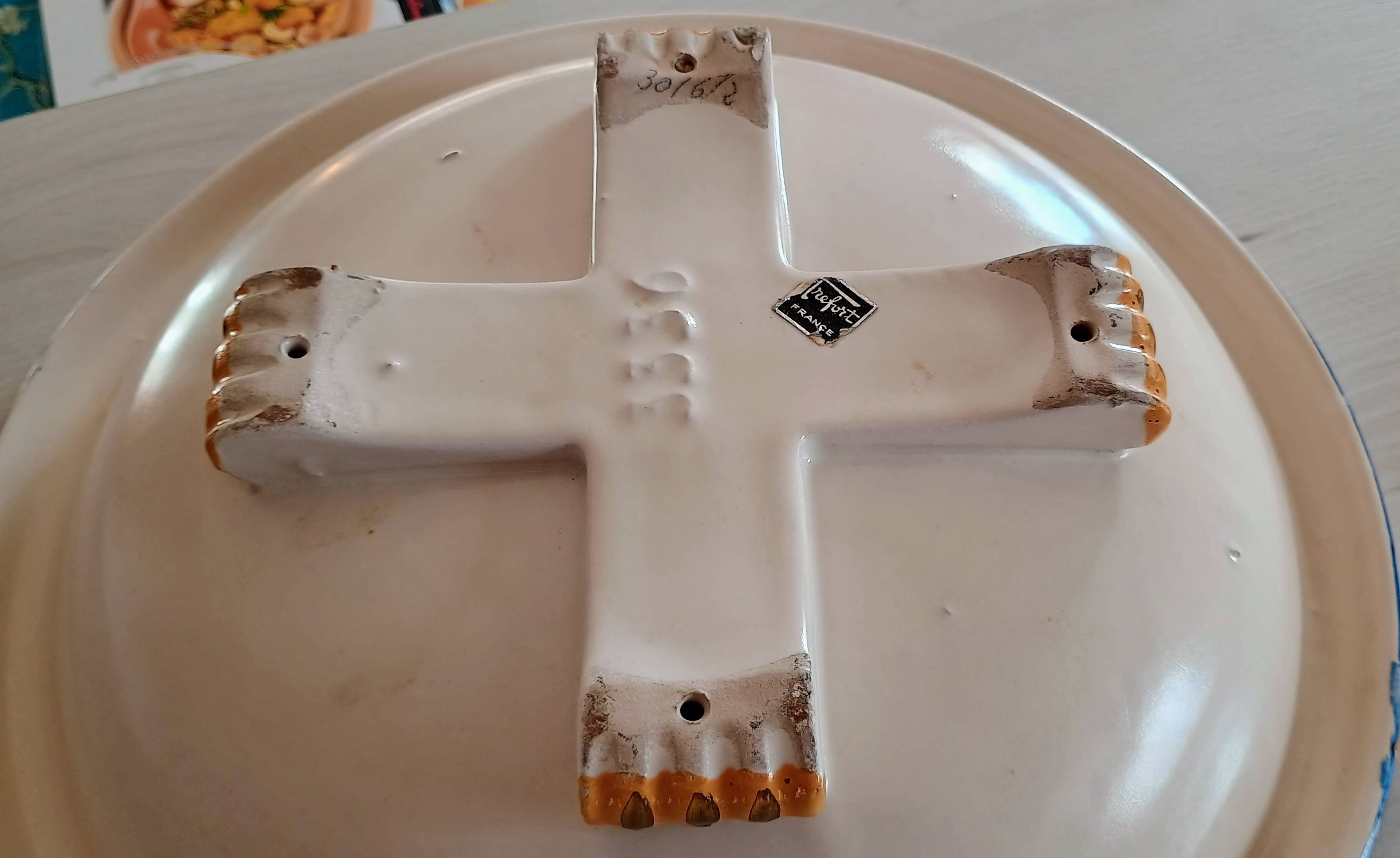 Large earthenware bowl decorated in the Rouen/Moustiers style.