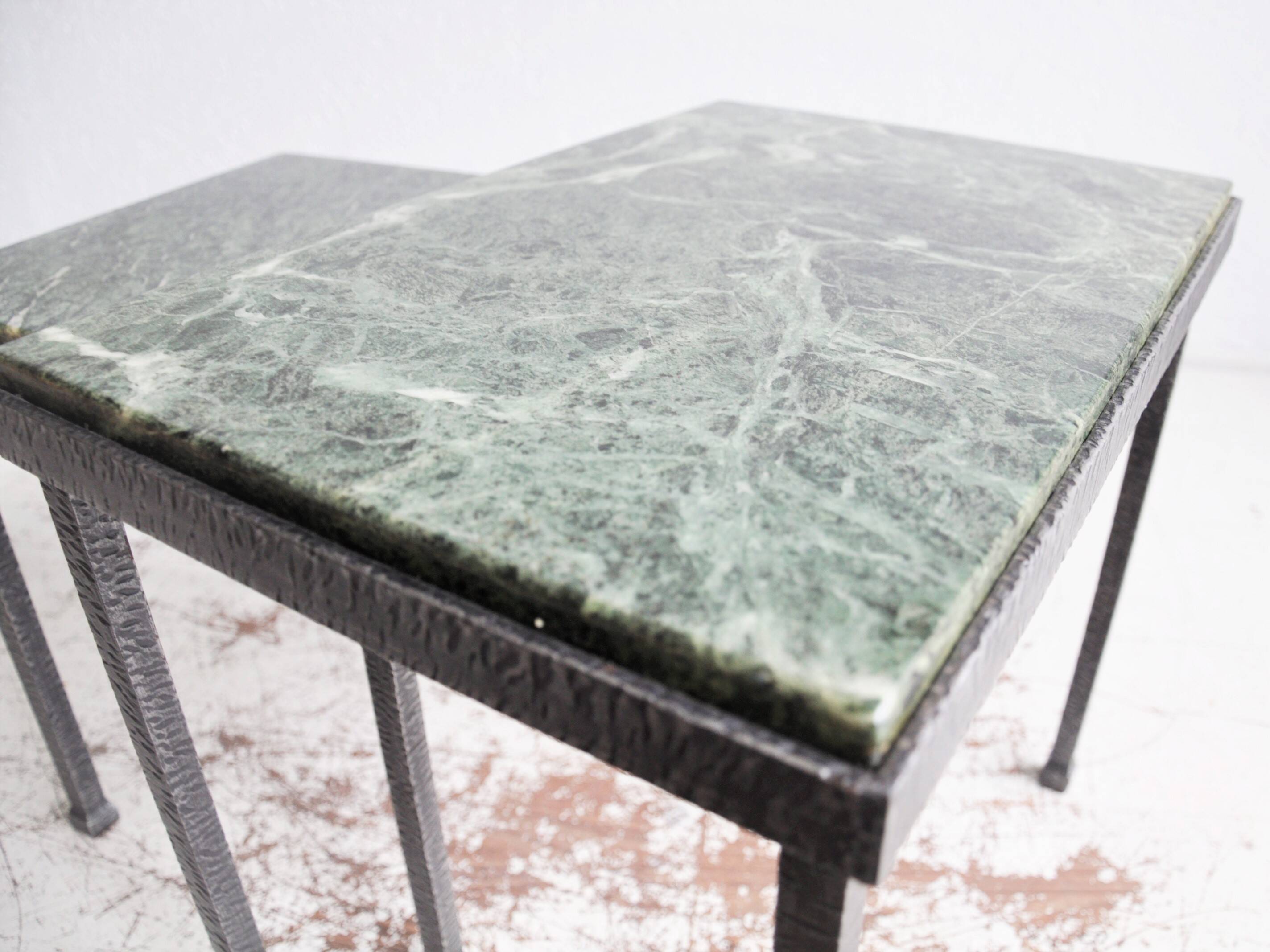 Green nesting coffee table with marble top and iron frame