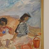 Large Swedish Mid-Century Oil on Panel" Beach" by Stig Thiderman (1920-1973) - Vintage and Framed