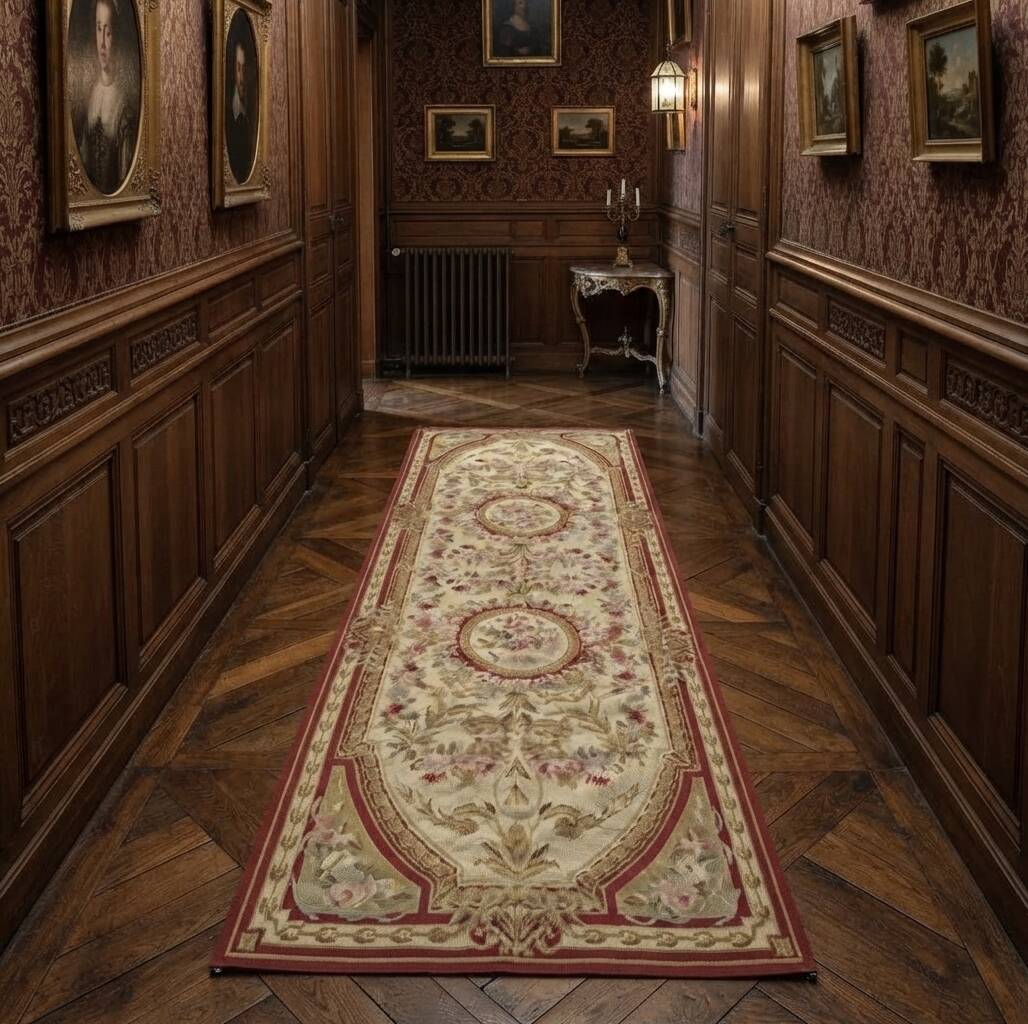 Aubusson style knotted pile rug – 2.45 x 0.90 metres –