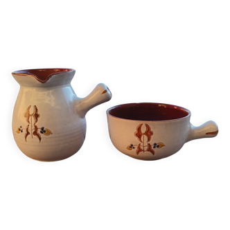 2 beige ceramic pots painted with signature