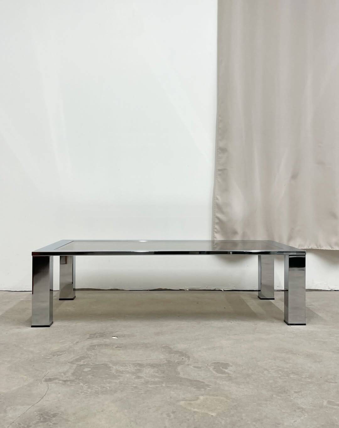 Rectangular coffee table in chromed metal and smoked glass, circa 1970
