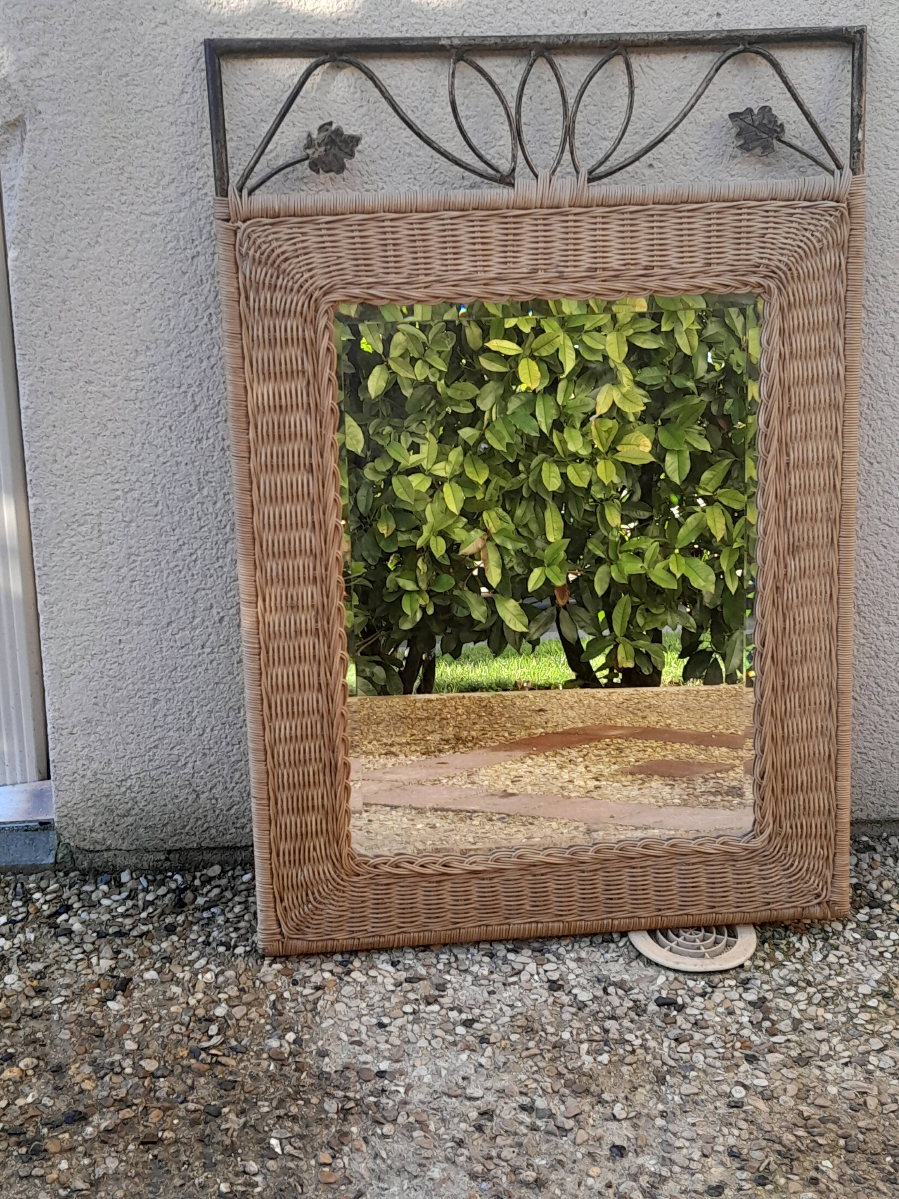 Vintage rattan and wrought iron mirror