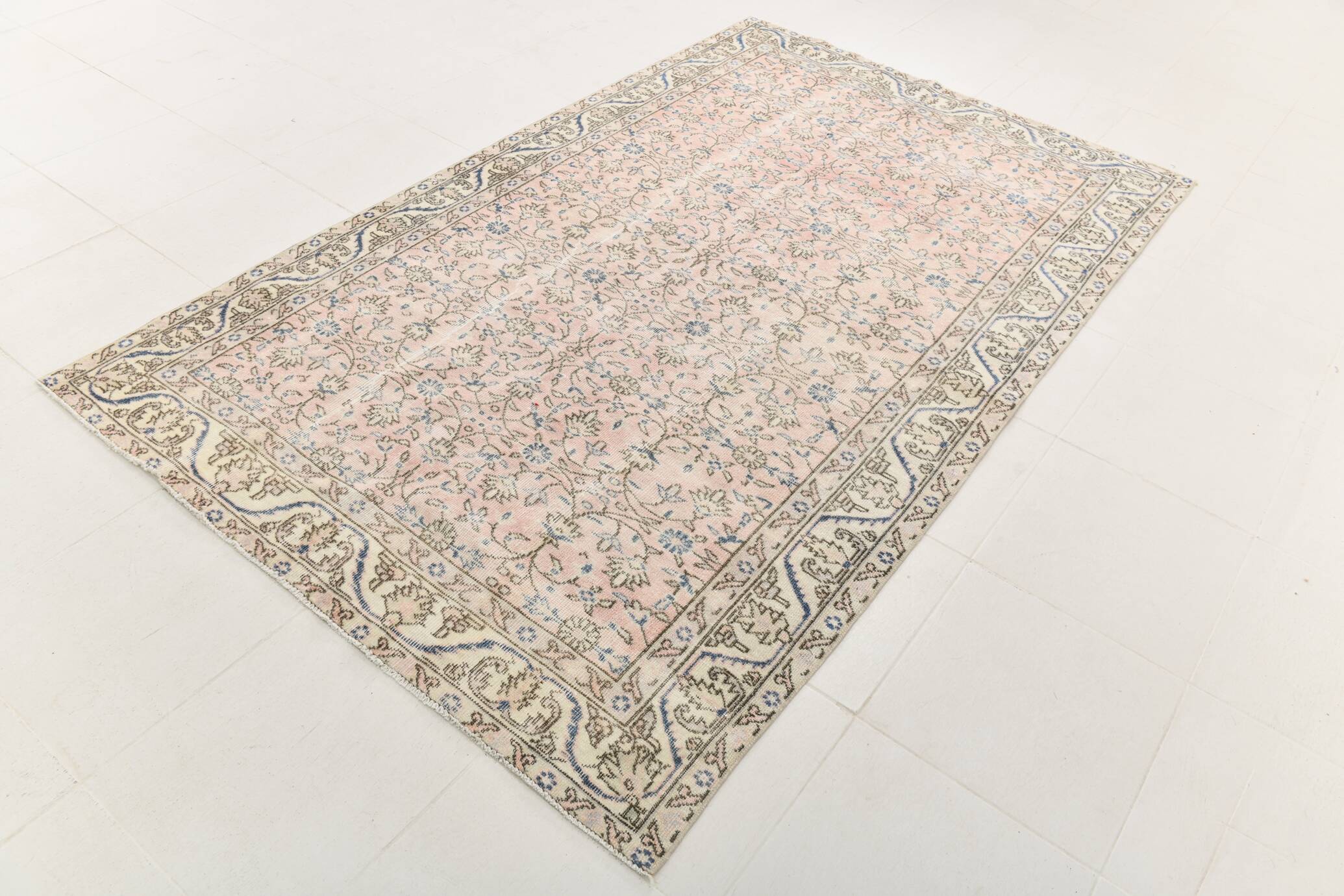 Light Pink & Blue Floral Turkish Vintage Rug, 155x248Cm