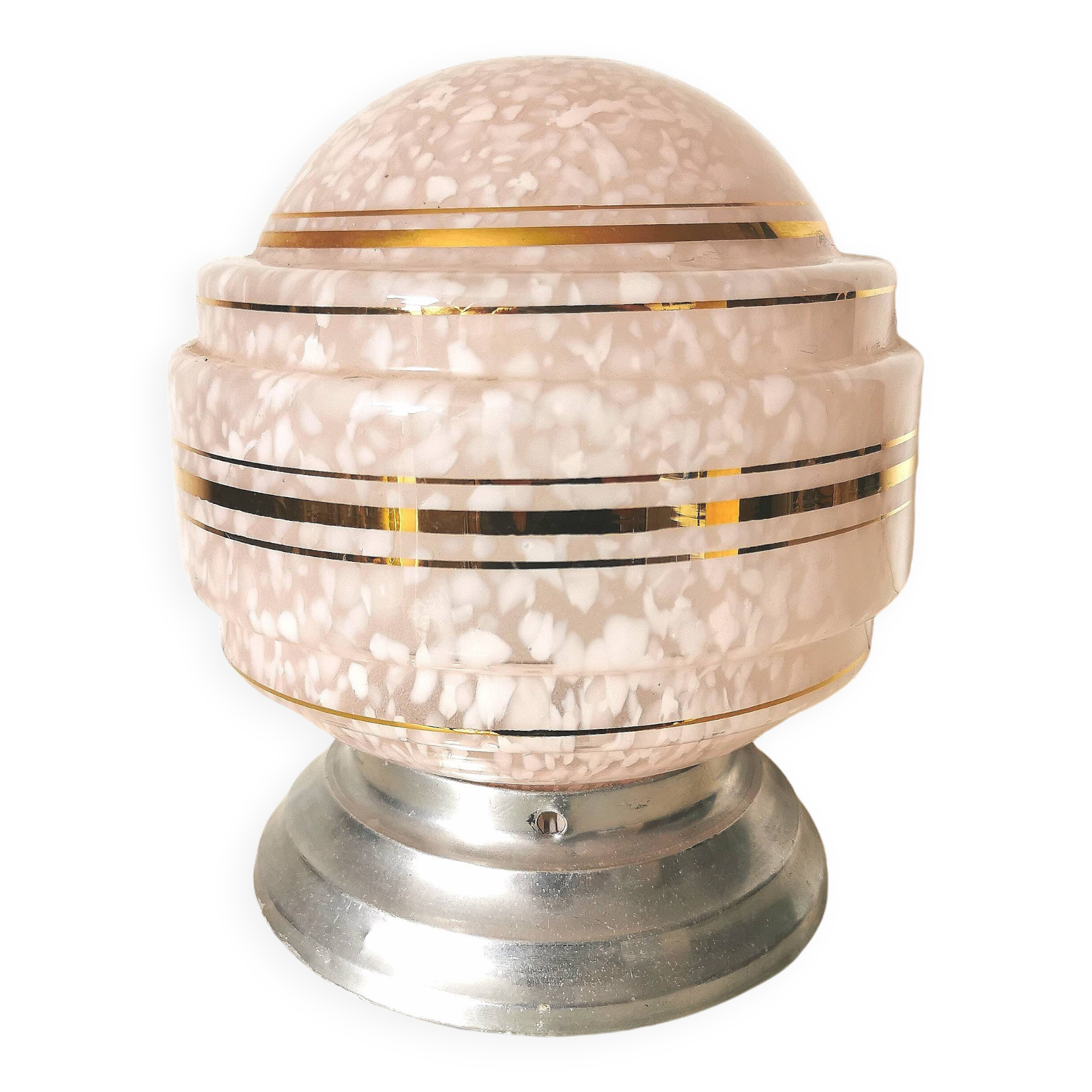 ball pendant light, art deco, in clichy glass, pink and gold, from the 30s