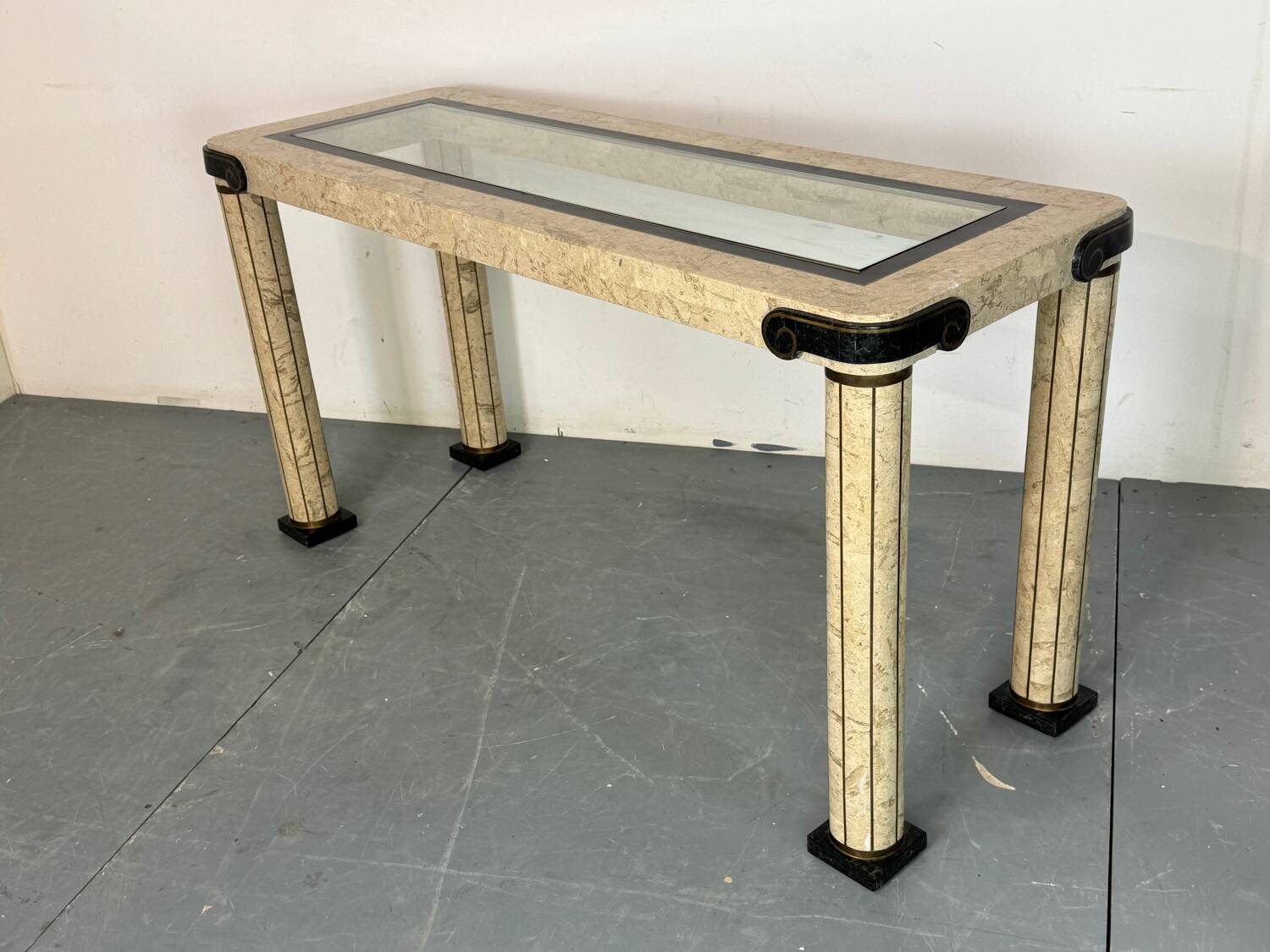 Console d'entrée vintage en travertin et laiton de style italien, années 1980