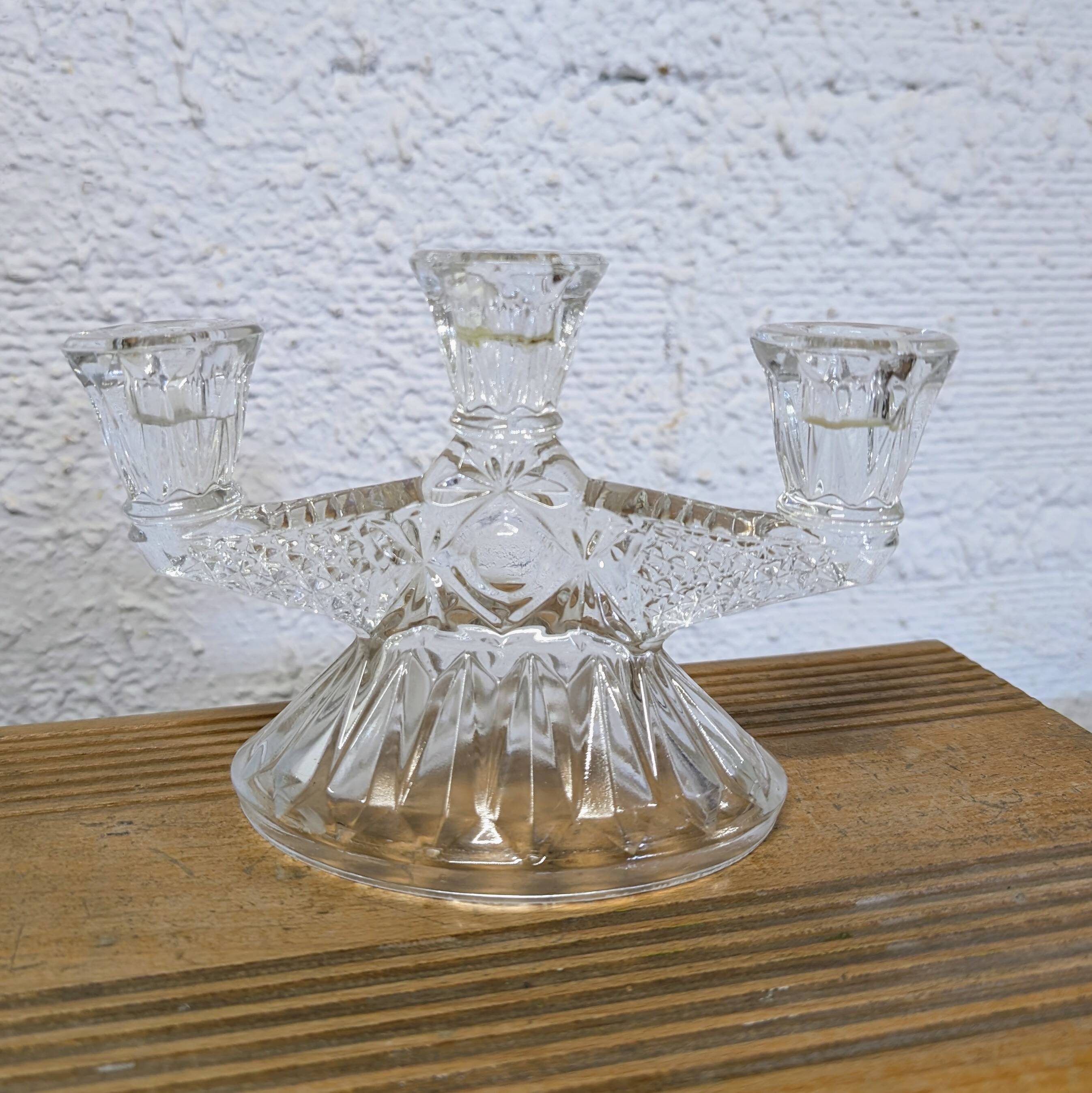3-arm cut glass candle holder