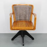 1930s Restored Art Deco Wooden Swivel Office Armchair