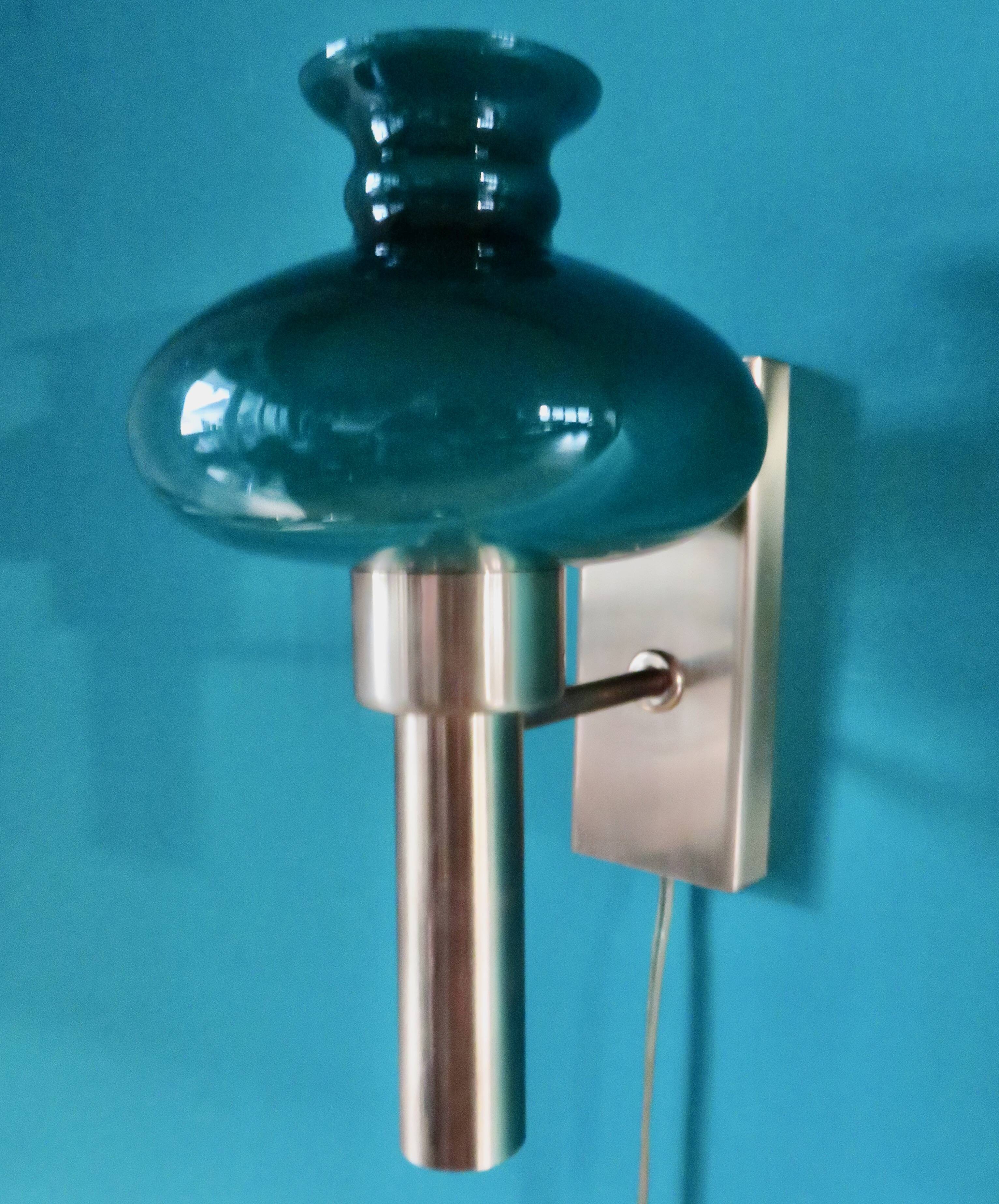 Brushed brass wall light with green glass shade "Vitrika". Denmark 1980