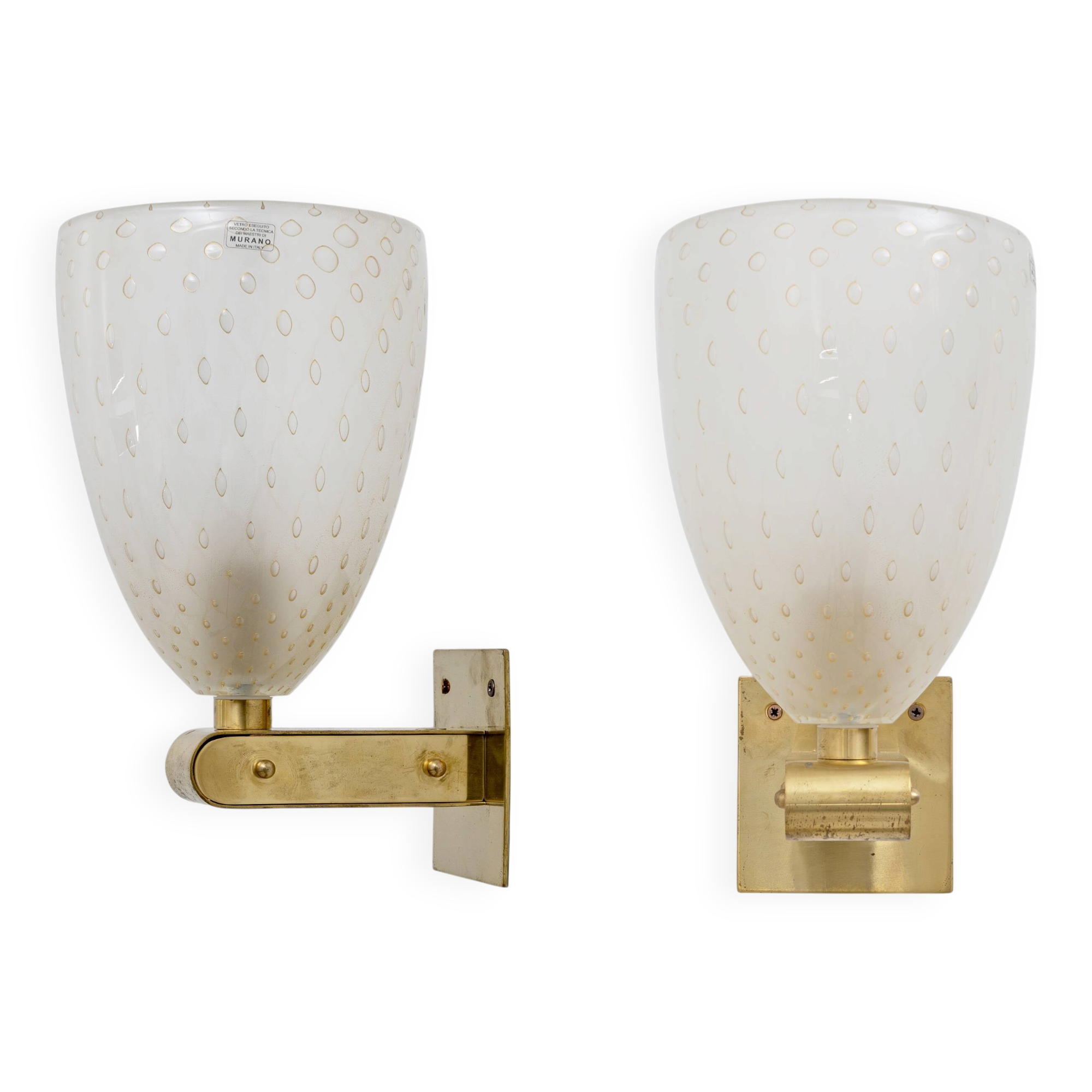 Pair of Murano Pulegoso Glass and Brass Wall Sconces, Italy