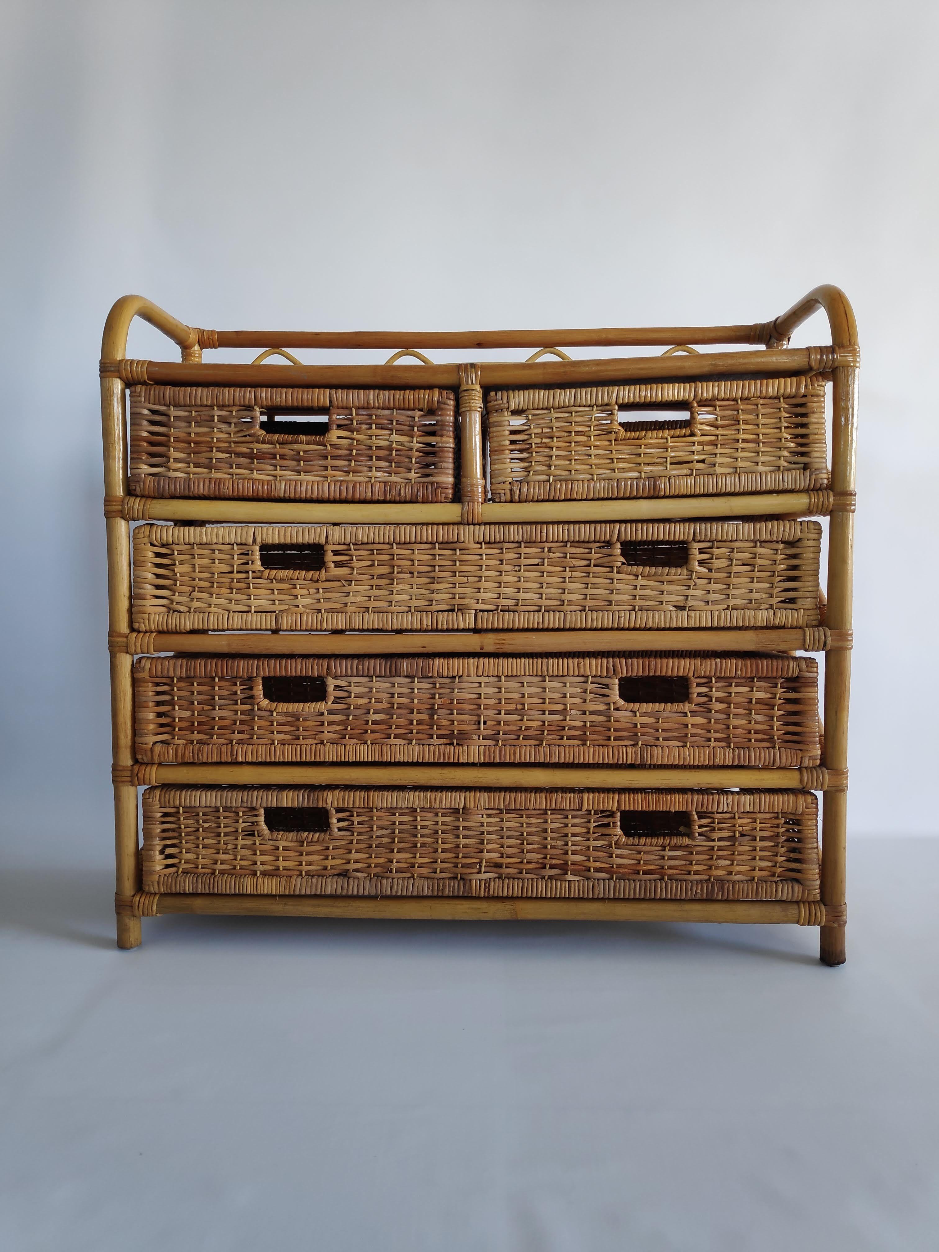 Chest of drawers vintage rattan and wicker of the 1970s