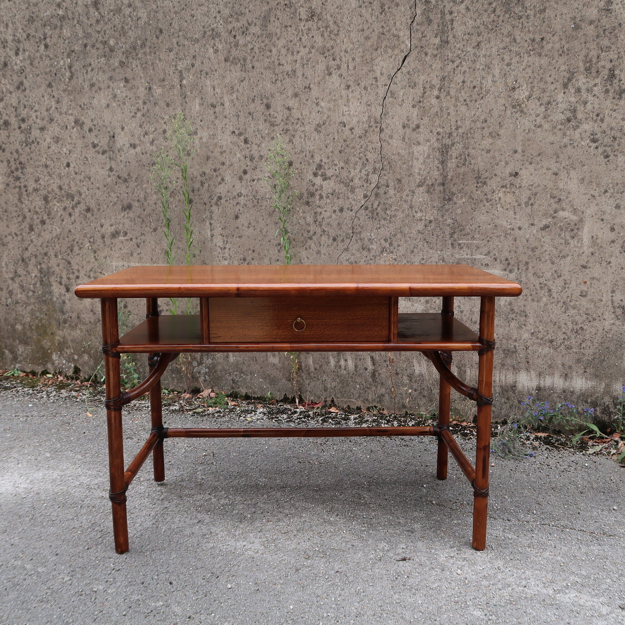 Bamboo and wooden desk with right side shelf on slide by Mc Guire 120x60