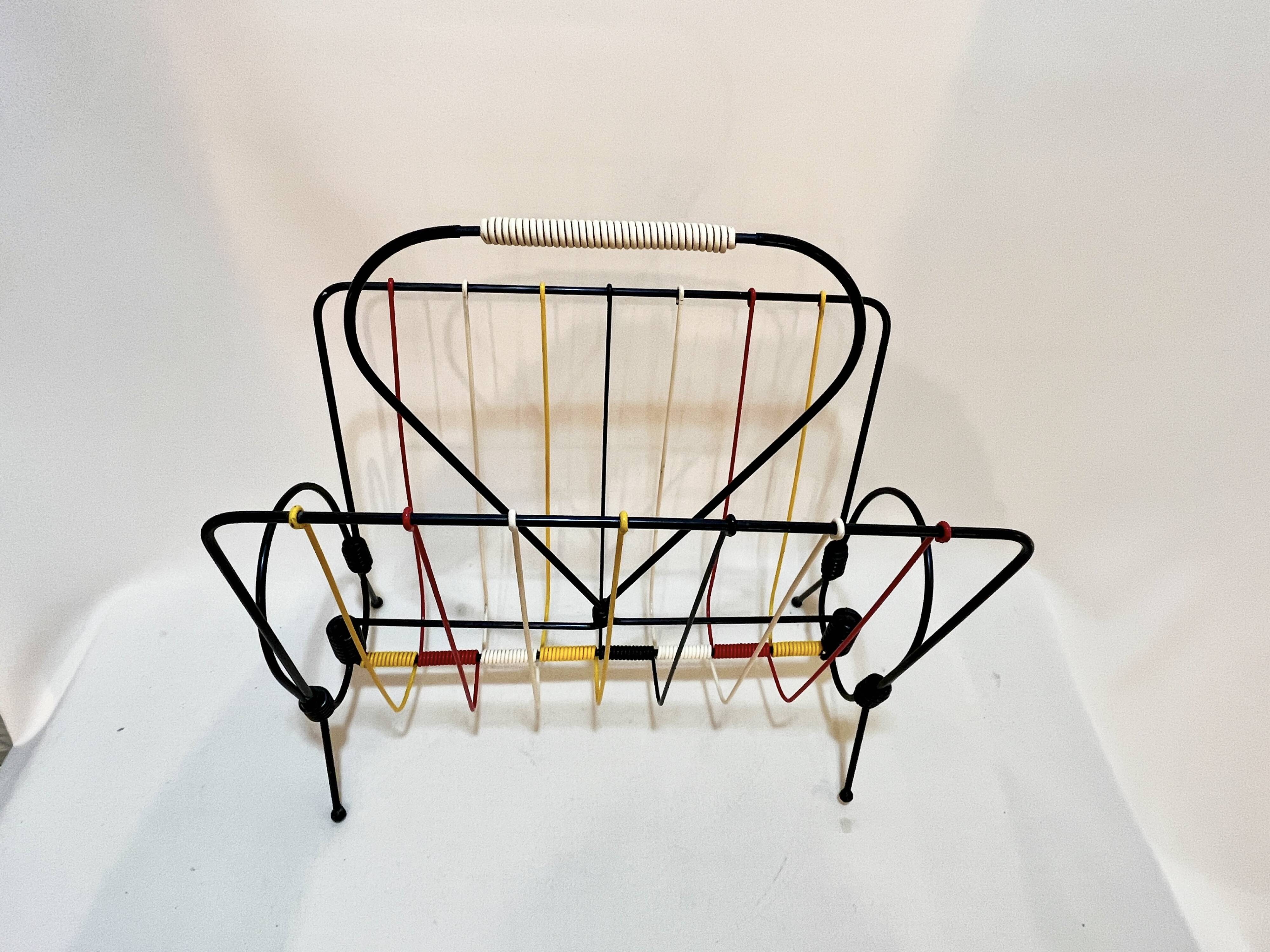 Vintage scoubidou vinyl magazine rack metal 50s 60s multicolor 1960