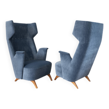 Paire de fauteuils italiens en velours bleu, 1950