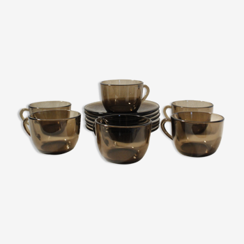 Ensemble de 6 tasses à café et soucoupes vintage Vereco en verre fumé brun