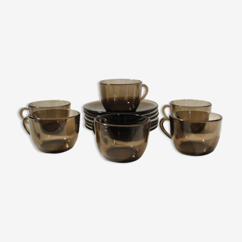 Set of 6 coffee cups and vintage saucers Vereco brown smoked glass