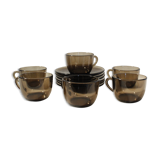 Set of 6 coffee cups and vintage saucers Vereco brown smoked glass