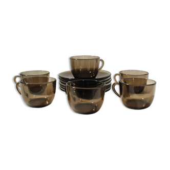 Set of 6 coffee cups and vintage saucers Vereco brown smoked glass