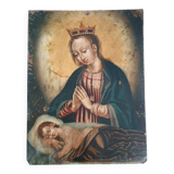 Antique painting on copper - 17th/18th century - Virgin and Child asleep
