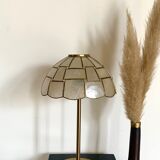 Table lamps with a lampshade with mother-of-pearl set with checkerboard brass and a gilded foot